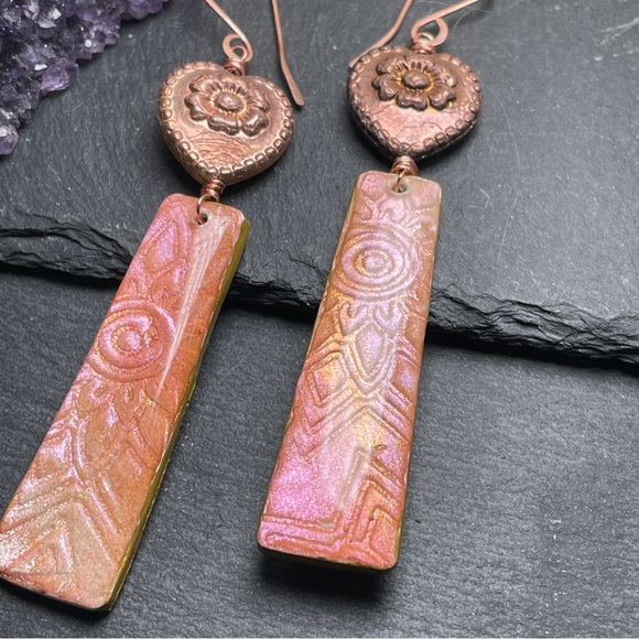 Hand Crafted Copper and Pink Dangle Embossed Resin Heart Earrings - Picture 2 of 13